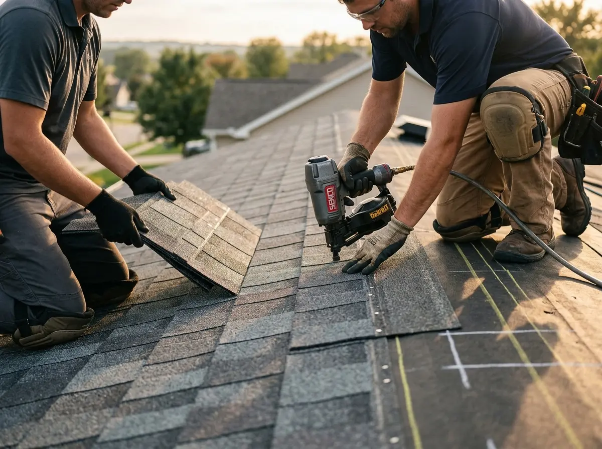 Professional roofer working on a residential roof in Denair